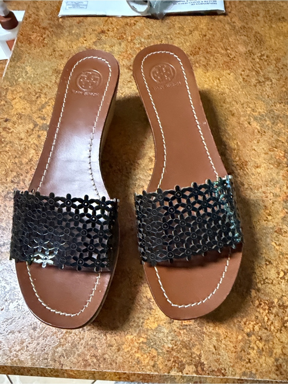 Tory Burch Leather Slide Sandals with Black Laser-Cut Floral Strap